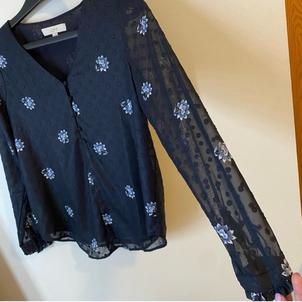 LOFT Navy Blue Sheer V-neck long sleeve Blouse with Light Blue Floral Pattern - Picture 6 of 8